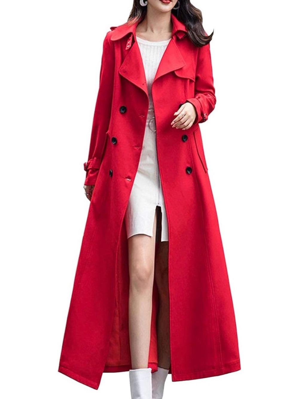 Long Red Double-Breasted Trench Coat